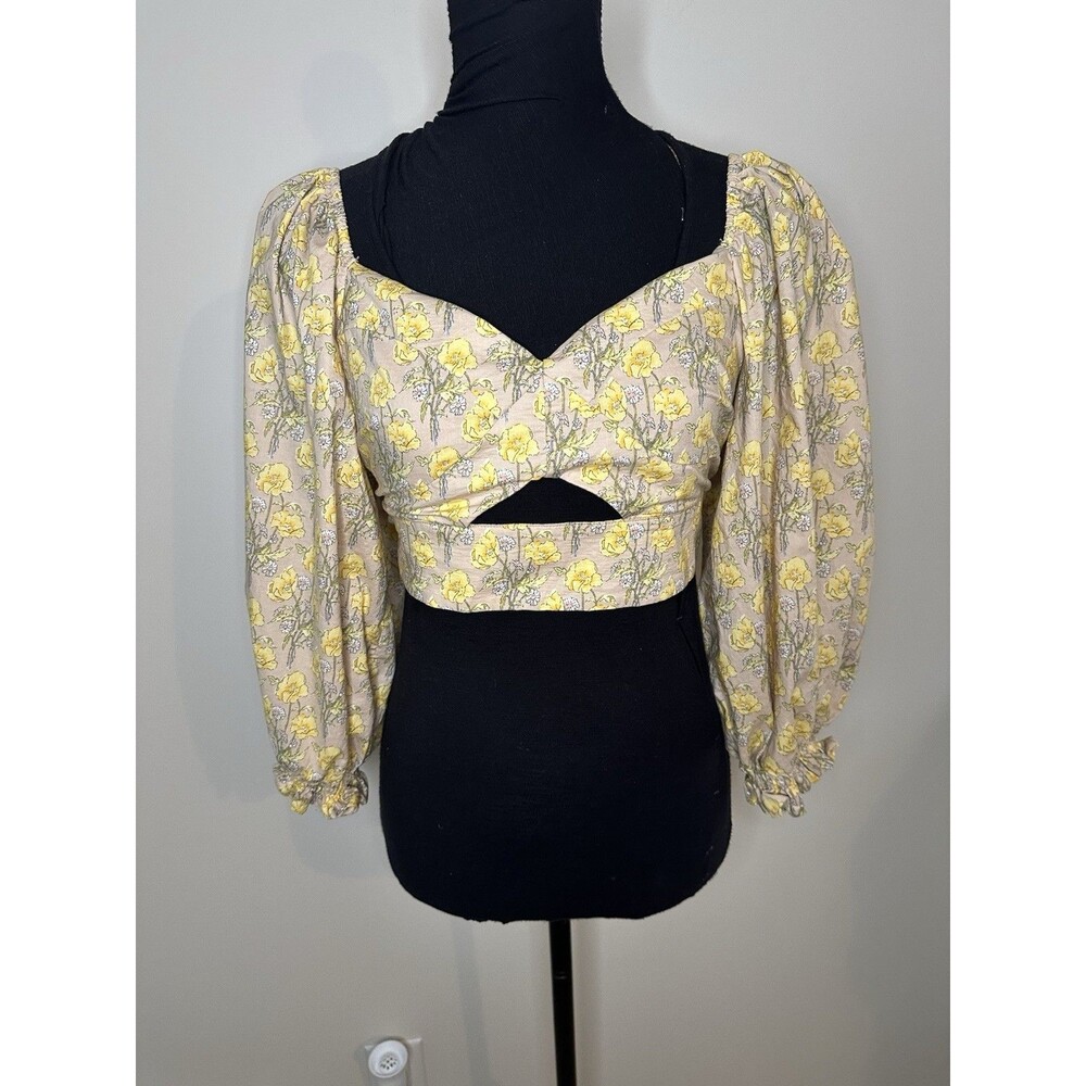 Mable Floral Crop Top 3/4 Puff Sleeve Tie Back Cut Out Sz L #1221